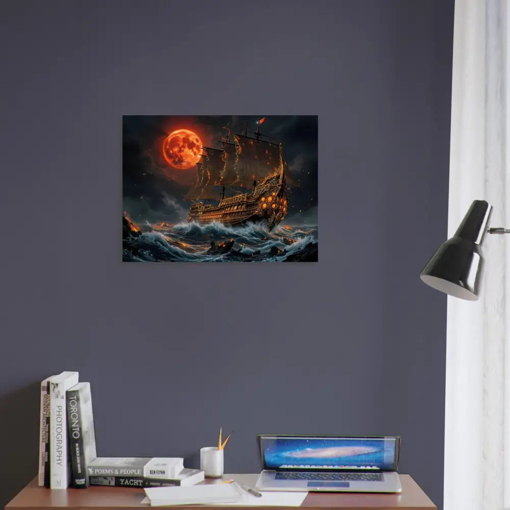 Wood print of the Blood Moon Armada featuring a pirate ship under a blood-red moon