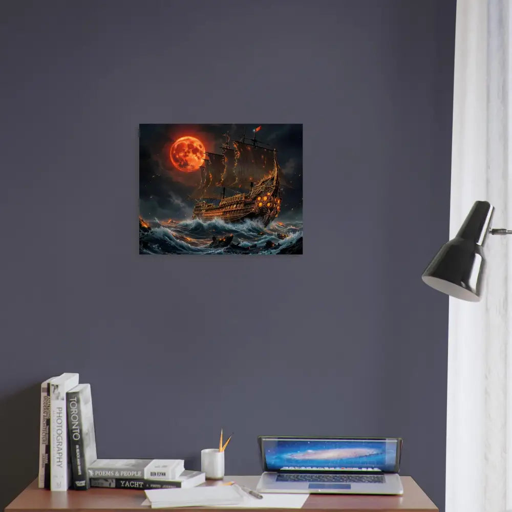 Wood print depicting Blood Moon Armada with a ship on stormy sea under a full red moon