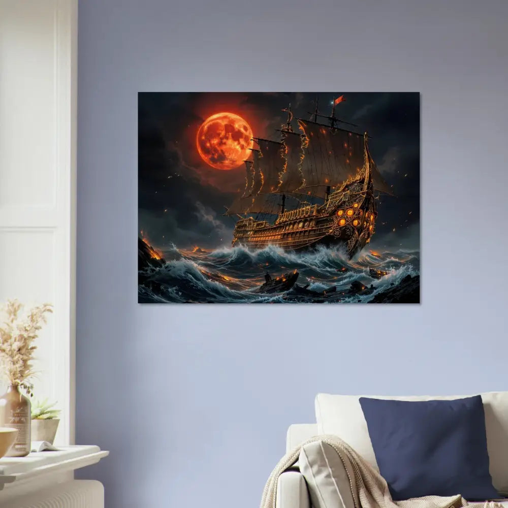 Wood print of Blood Moon Armada featuring a pirate ship on stormy sea under a blood-red moon