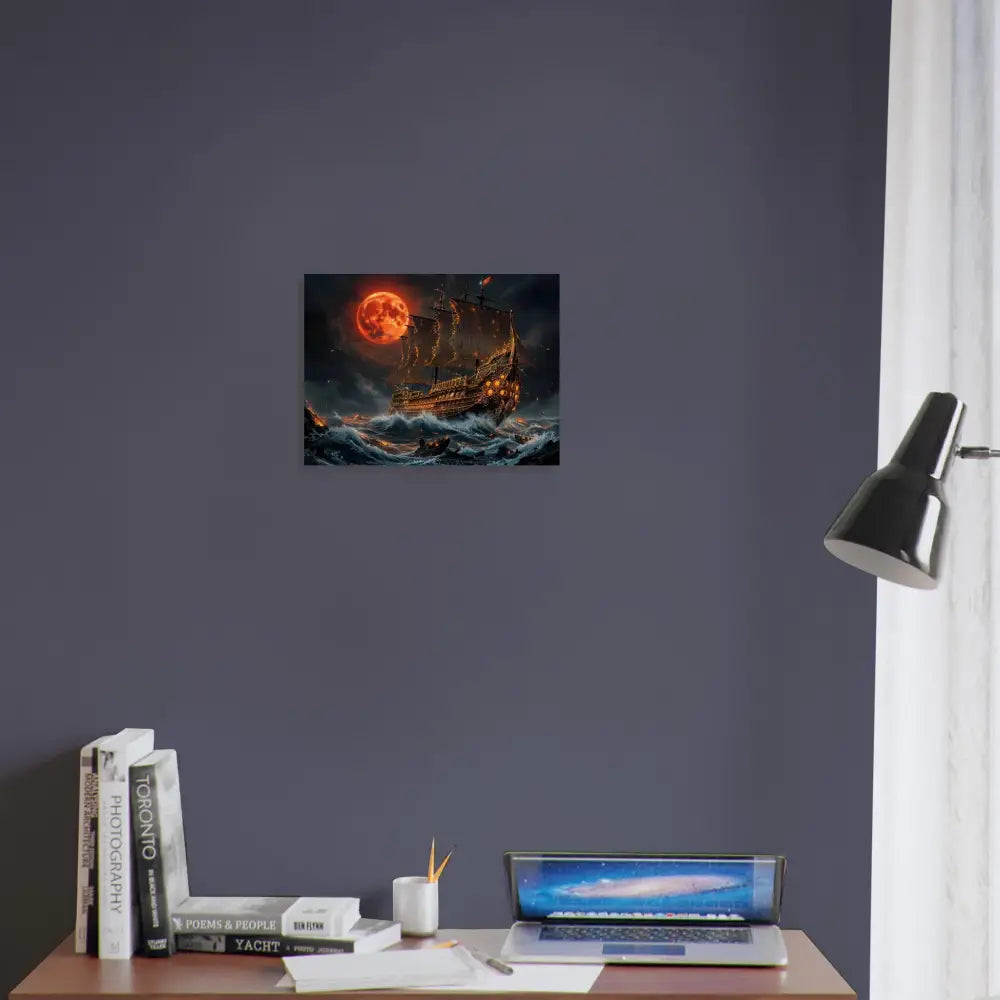 Wood print of Blood Moon Armada pirate ship sailing stormy sea with fiery red moon
