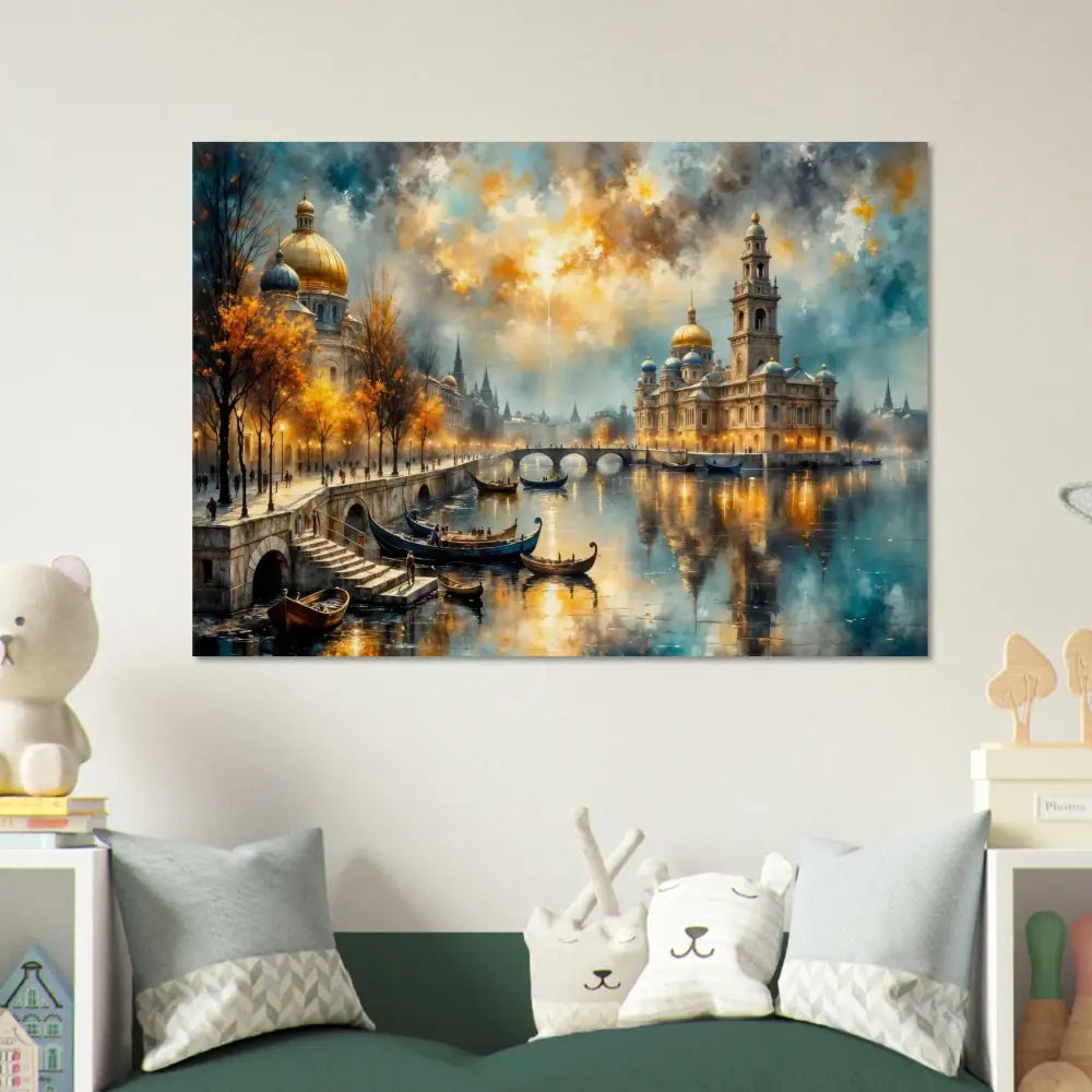 Wood print showcasing organic texture meets celestial European cityscape with river and golden domes