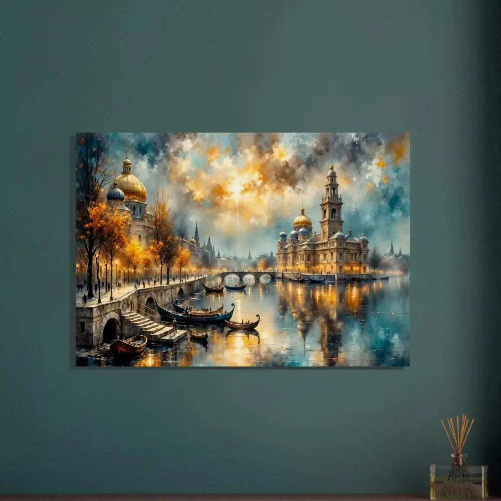 Wood print of a vibrant cityscape with golden domes and boats under a dramatic sky