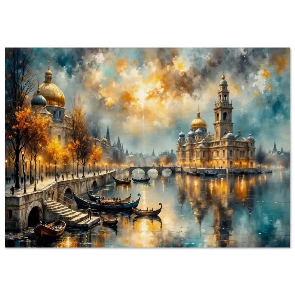 Wood print of a vibrant impressionistic European city sunset with river gondolas and autumn trees