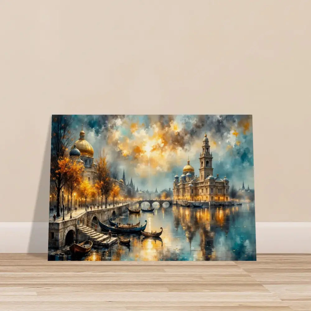 Vibrant impressionistic cityscape wood print with romantic canal scene showcasing organic texture meets celestial