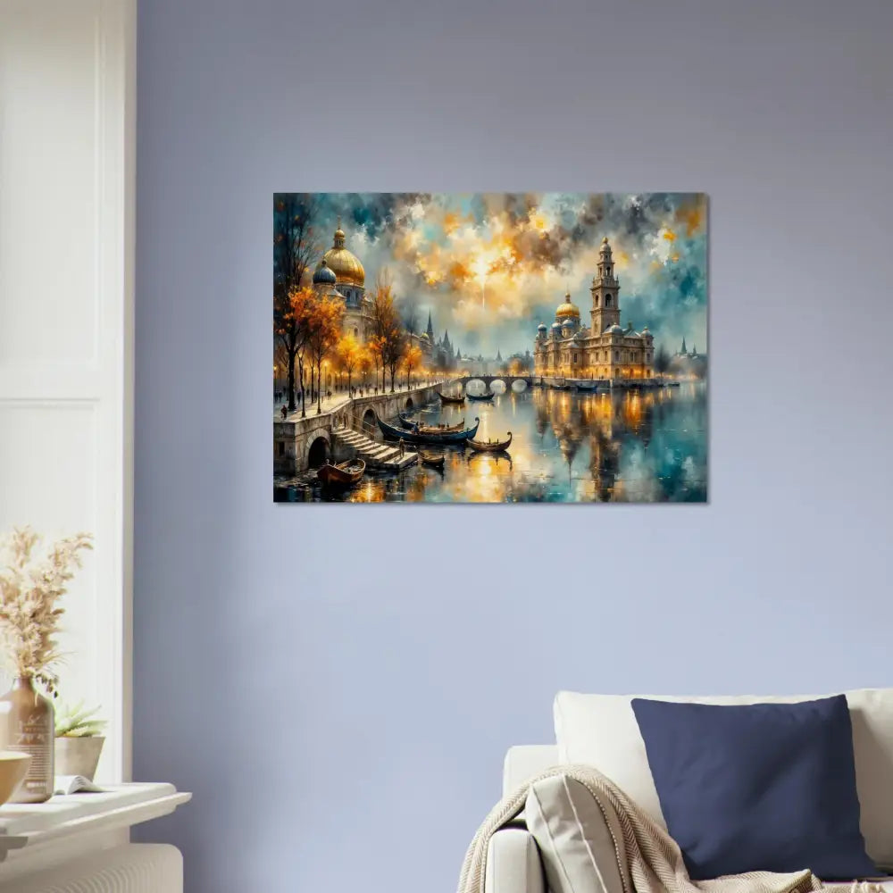 Wood print of impressionistic European city at dusk with river bridges and illuminated buildings