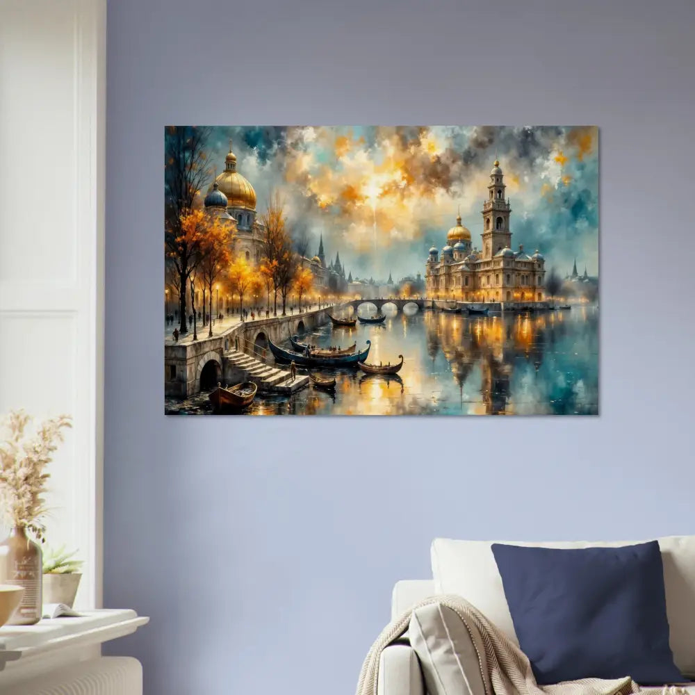 Wood print featuring a European city at dusk with reflective river and celestial sky