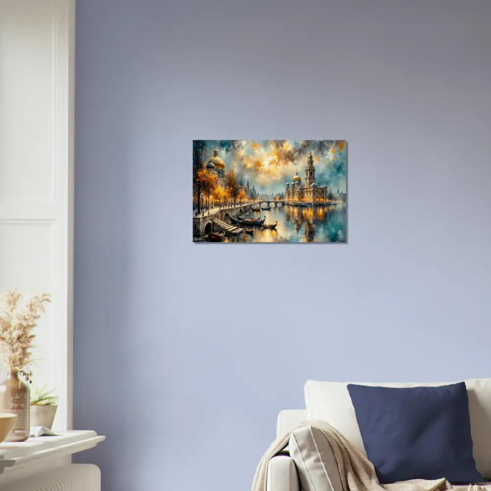 Wood print of impressionistic European city scene with river bridge boats under celestial sky