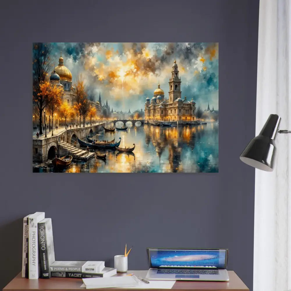 Wood print of vibrant impressionistic European city by river at sunset showcasing organic texture meets celestial beauty