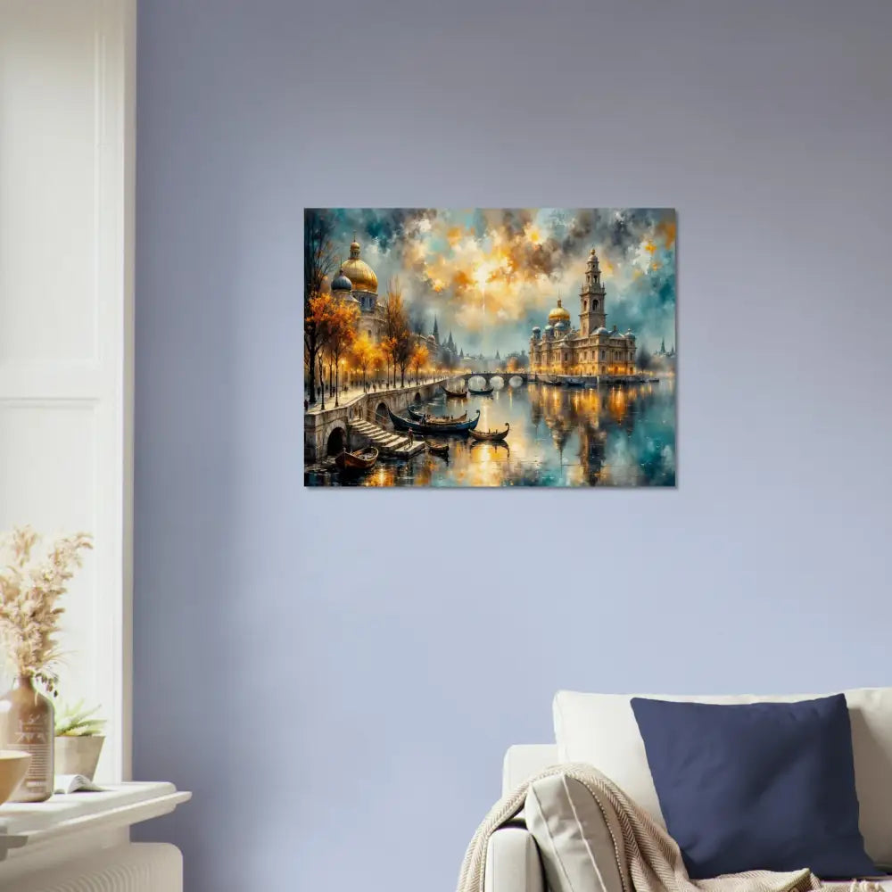 Wood print of an impressionistic European cityscape with river bridges boats and celestial sky
