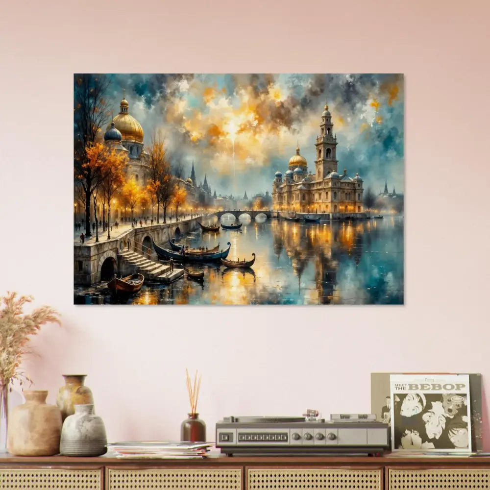 Wood print of impressionistic European city at sunset with golden domes and autumn trees