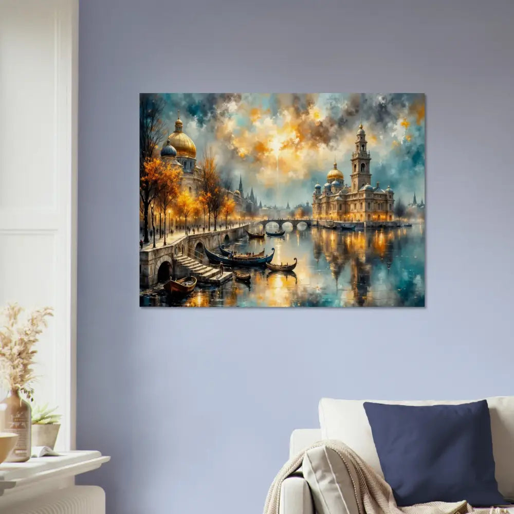Wood print of impressionistic European cityscape at sunset with river bridges and boats