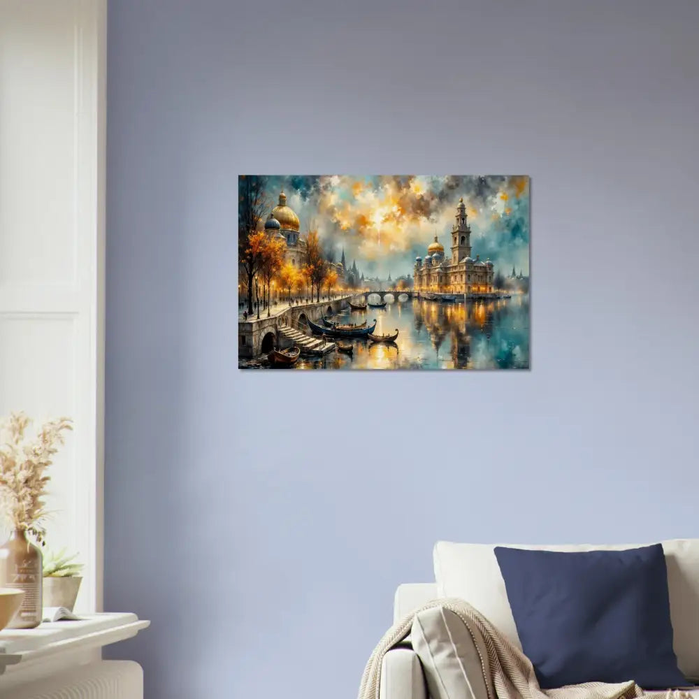 Wood print of a vibrant cityscape with river boats and autumn trees, organic texture meets celestial artistry