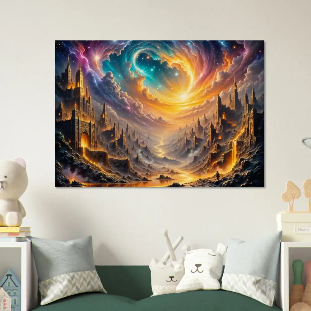 Wood Print of Eclipsed Citadel with vibrant celestial sky and glowing castles by PixiOnyx Natural Fantasy