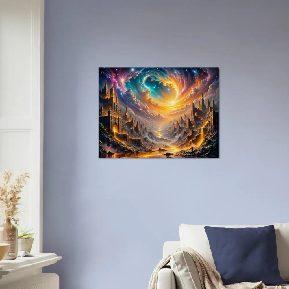 PixiOnyx natural fantasy wood print of eclipsed citadel with celestial vortex over glowing castles