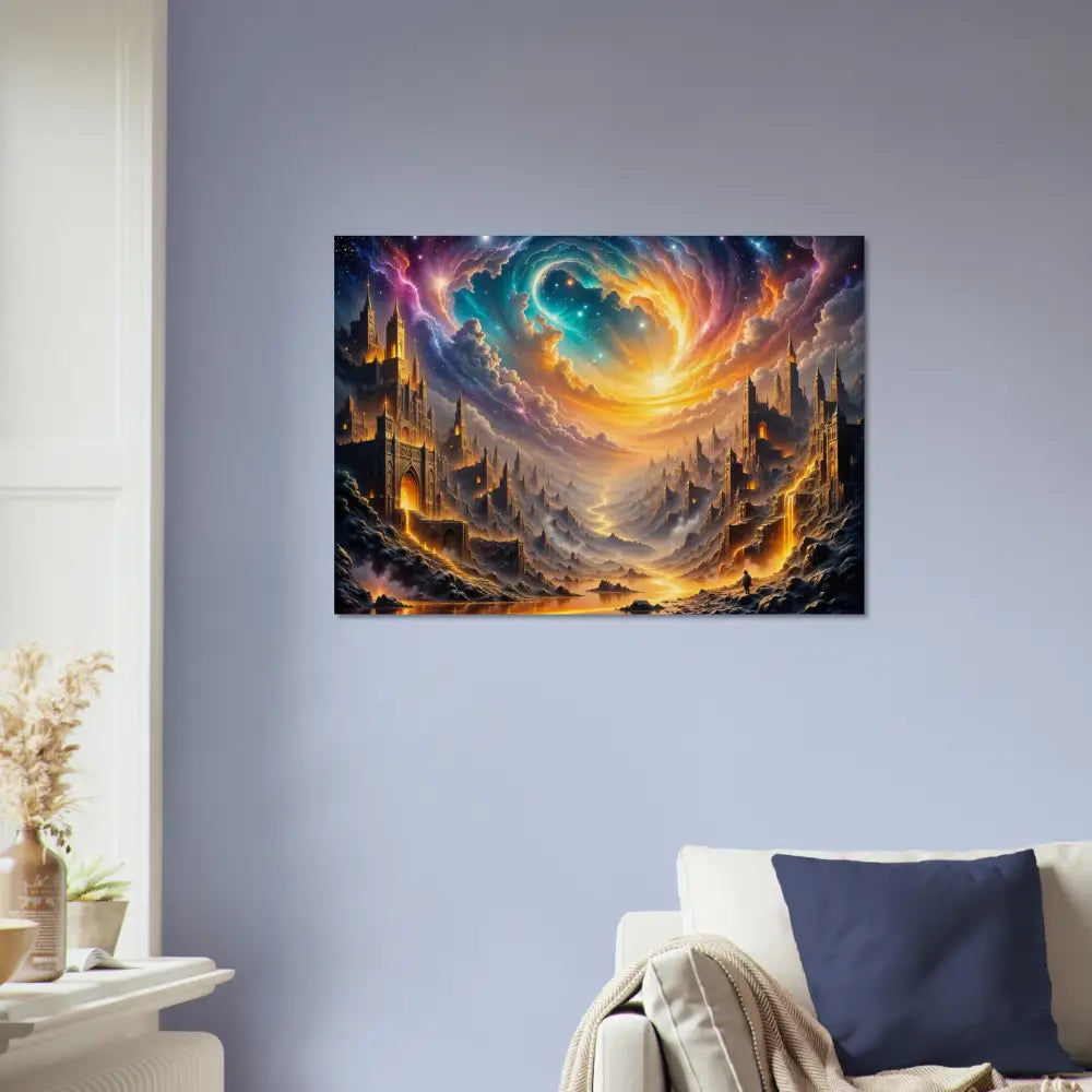 PixiOnyx Natural Fantasy Wood Print of Eclipsed Citadel with celestial vortex and glowing spires