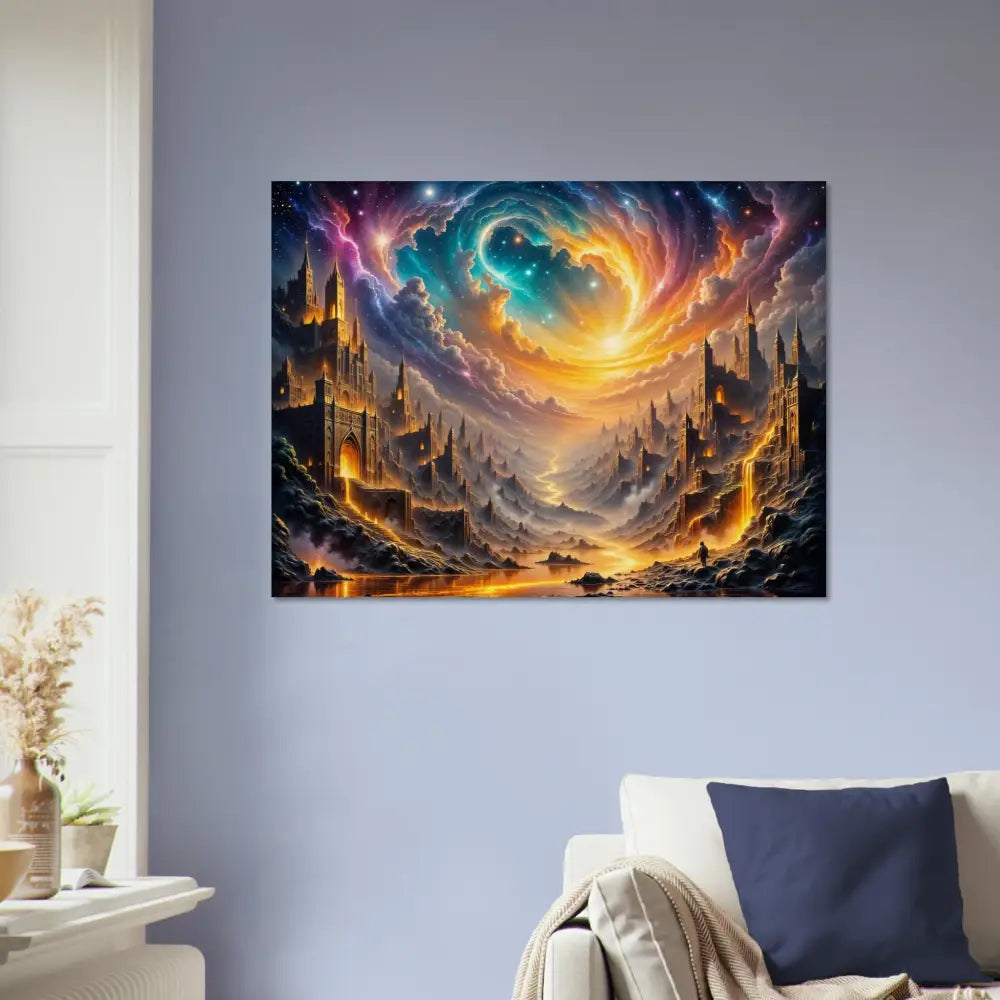 Vibrant cosmic swirl over illuminated castles in PixiOnyx Natural Fantasy Eclipsed Citadel print