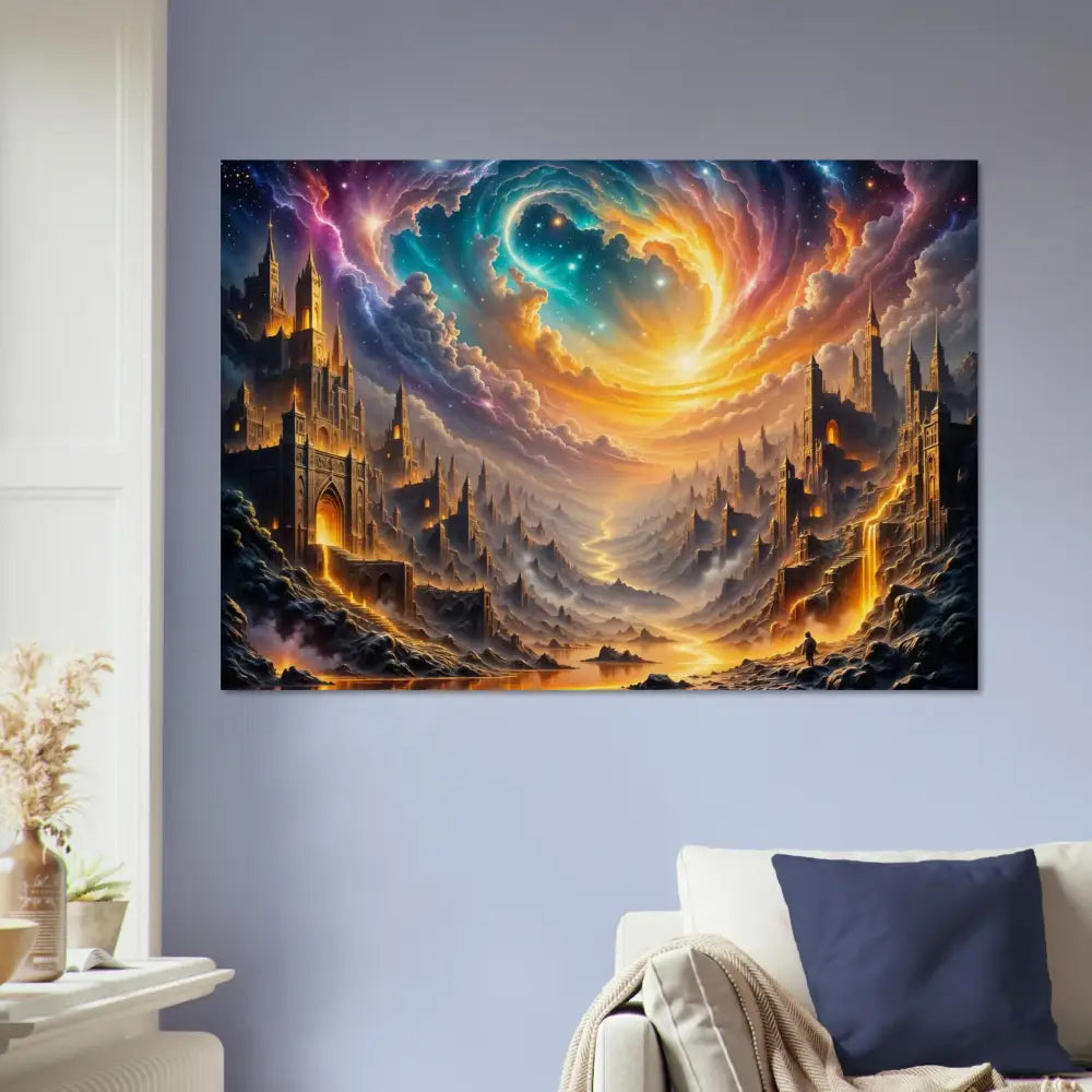 PixiOnyx natural fantasy wood print of Eclipsed Citadel with glowing castles and celestial sky