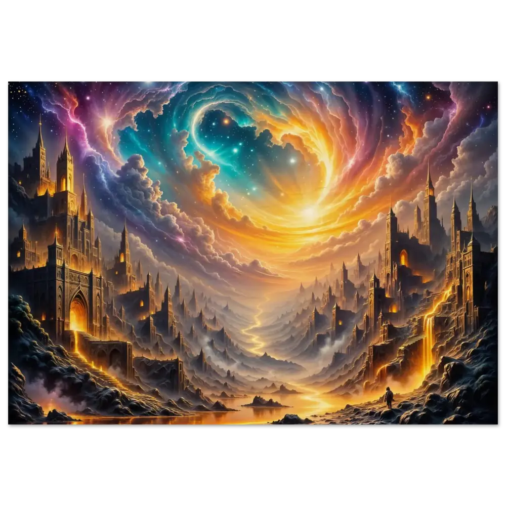 Wood Print of Eclipsed Citadel with glowing castles and celestial vortex by PixiOnyx Natural Fantasy