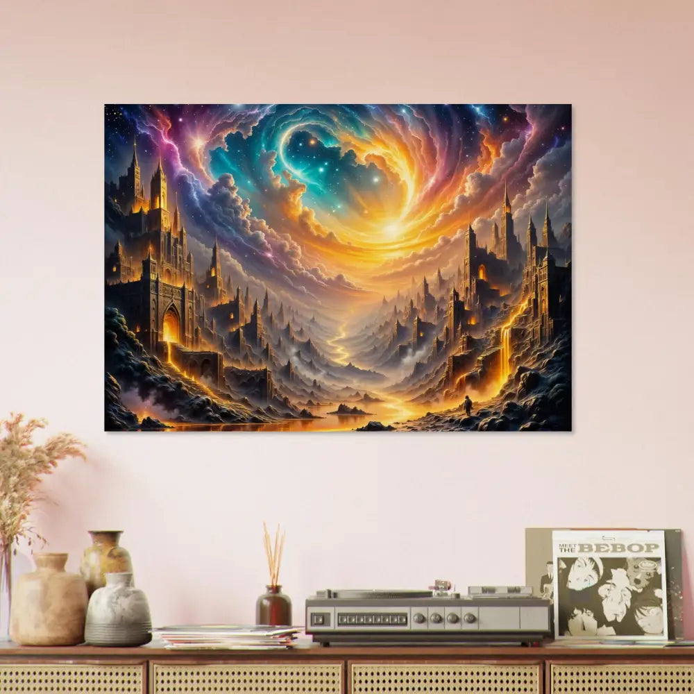 Ethereal sky and luminous castle landscape on Wood Print Eclipsed Citadel PixiOnyx Natural Fantasy