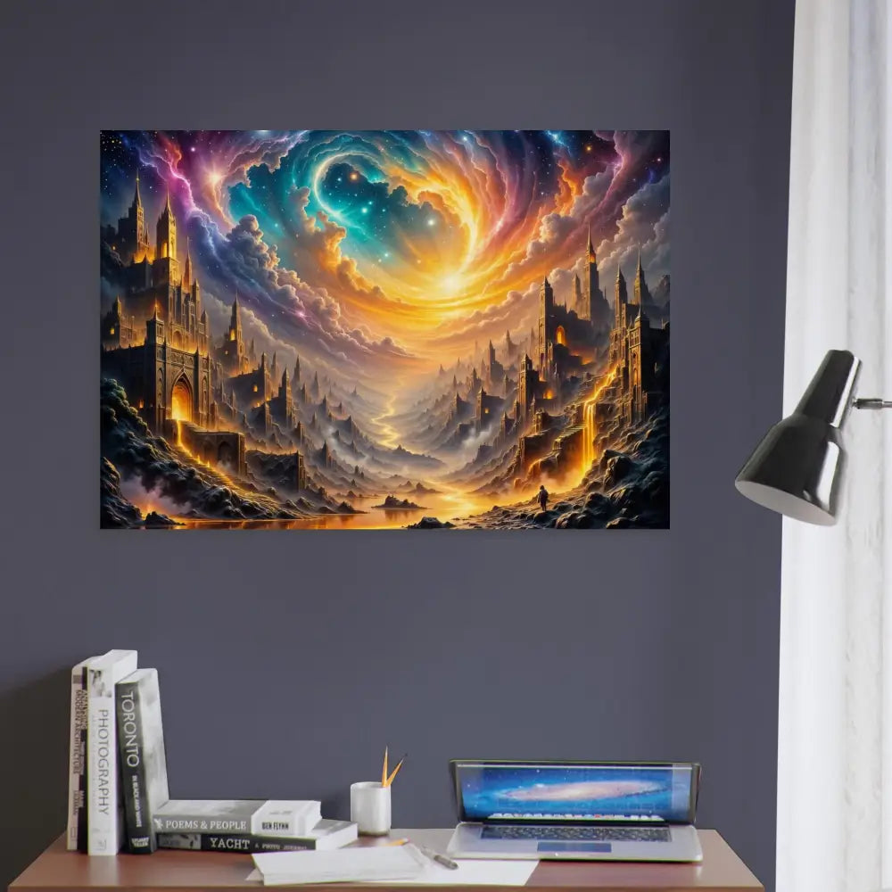 PixiOnyx Natural Fantasy Wood Print of Eclipsed Citadel with vibrant celestial sky