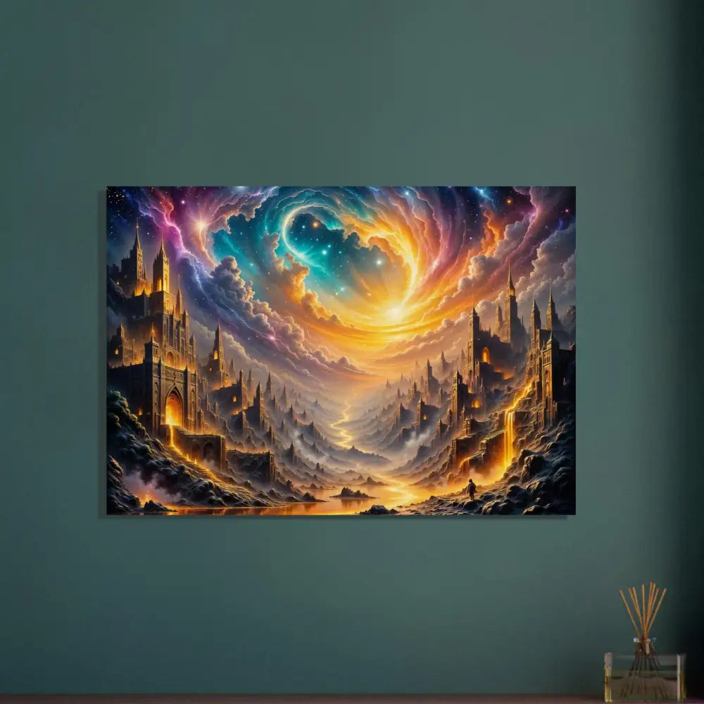 Vibrant fantasy landscape painting of an eclipsed citadel with glowing spires by PixiOnyx