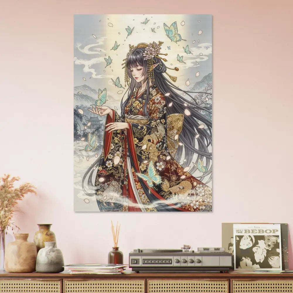 Wood Print Ethereal Kimono Maiden showcases divine beauty with earthy elegance meets butterflies and cherry blossoms
