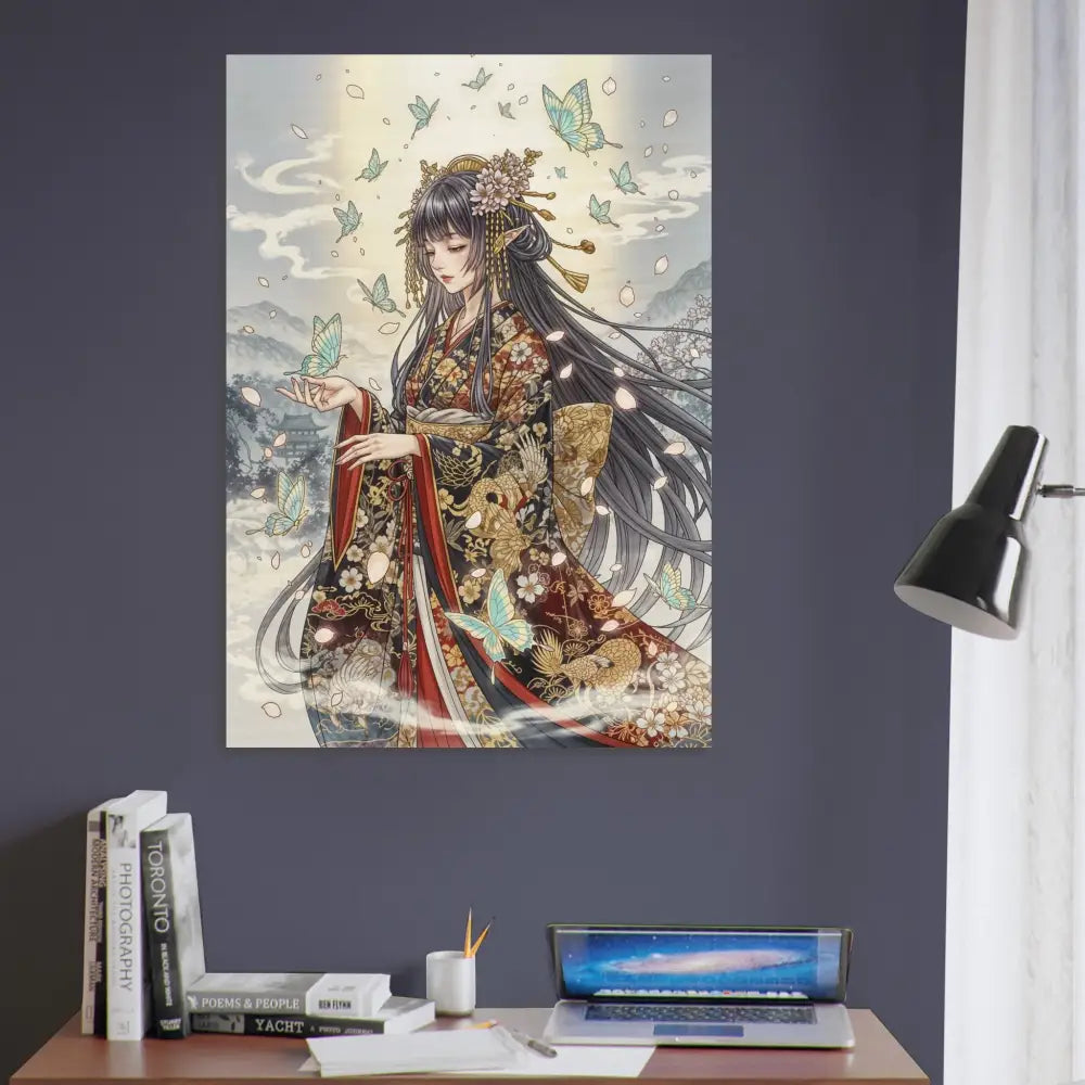 Vibrant anime-style canvas art of a woman in a kimono surrounded by butterflies meets divine beauty