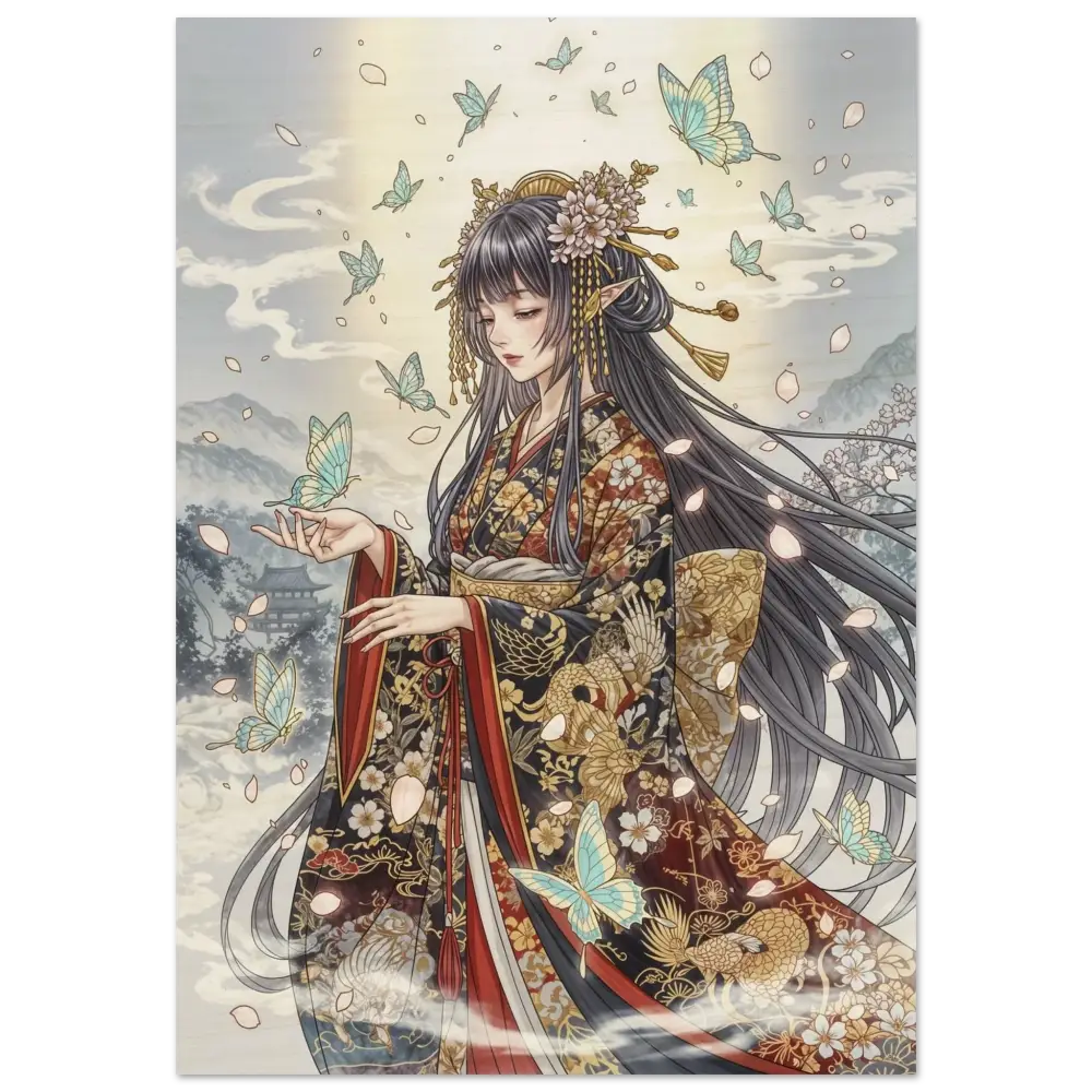Anime-style Japanese woman in vibrant kimono with butterflies, embodying earthy elegance meets divine beauty