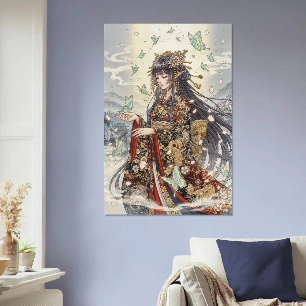 Anime-style portrait of a woman in a richly decorated kimono with butterflies for Wood Print – Ethereal Kimono Maiden
