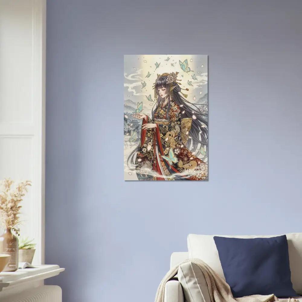 Canvas print of anime-style woman in kimono with butterflies showcasing earthy elegance meets divine beauty