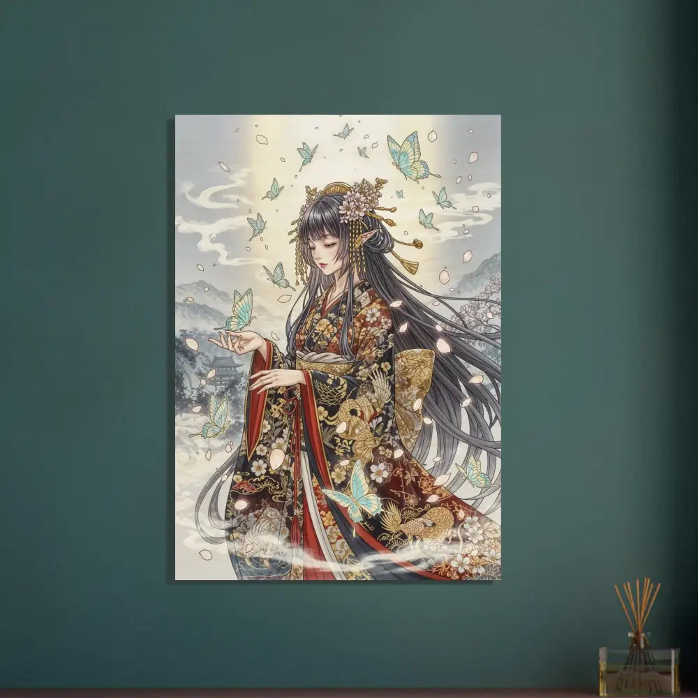 Wood Print Ethereal Kimono Maiden features anime-style woman with butterflies showcasing earthy elegance meets divine beauty