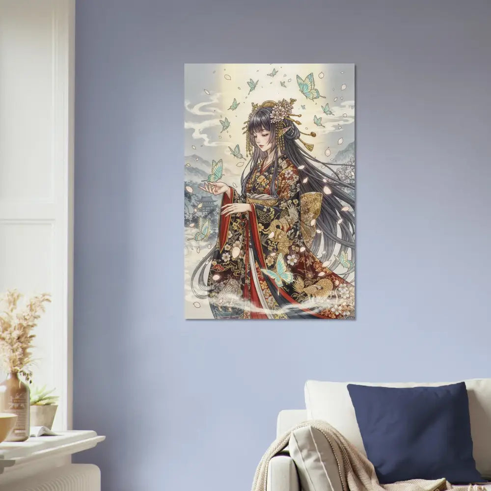 Anime-style wall art featuring a woman in a kimono with butterflies, embodying earthy elegance meets divine beauty