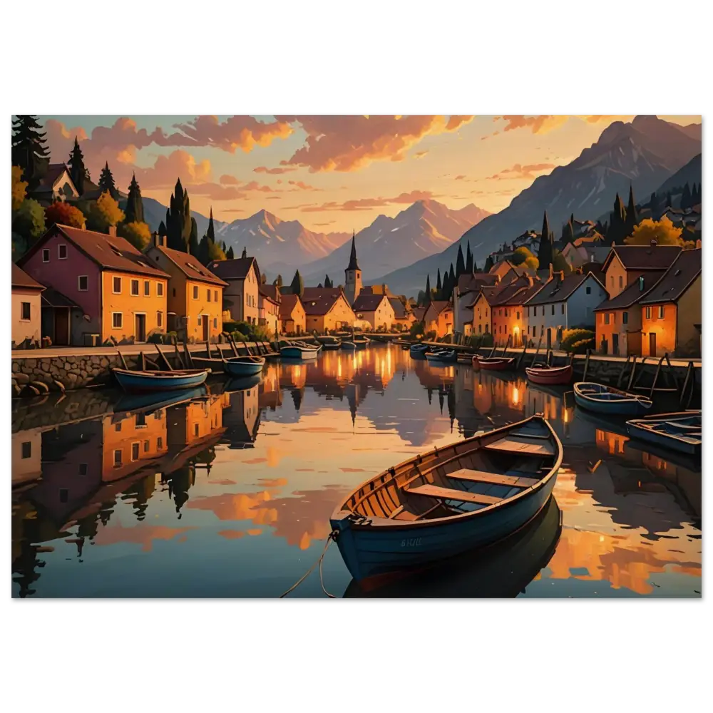 Wood Print Evening Glow on the Water PixiOnyx Rustic Reflection Series picturesque village canal scene