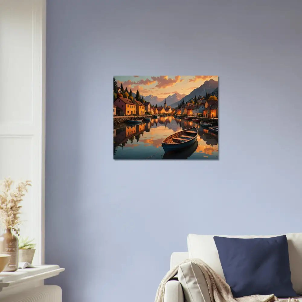 Picturesque lakeside village painting from PixiOnyx Rustic Reflection Series wood print
