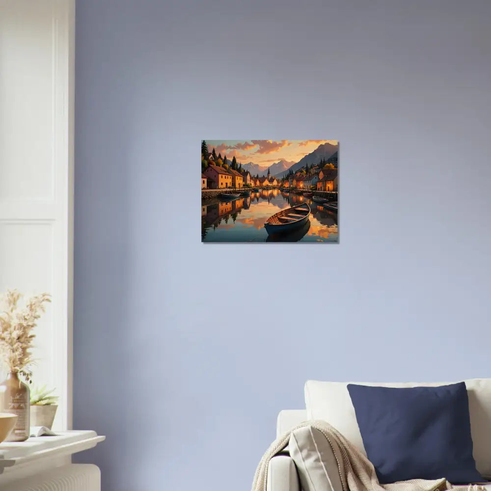 Picturesque lakeside village painting displayed on Wood Print Evening Glow on the Water PixiOnyx Series