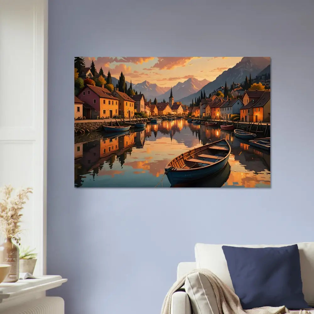 Picturesque waterside village painting on a Wood Print from PixiOnyx Rustic Reflection Series