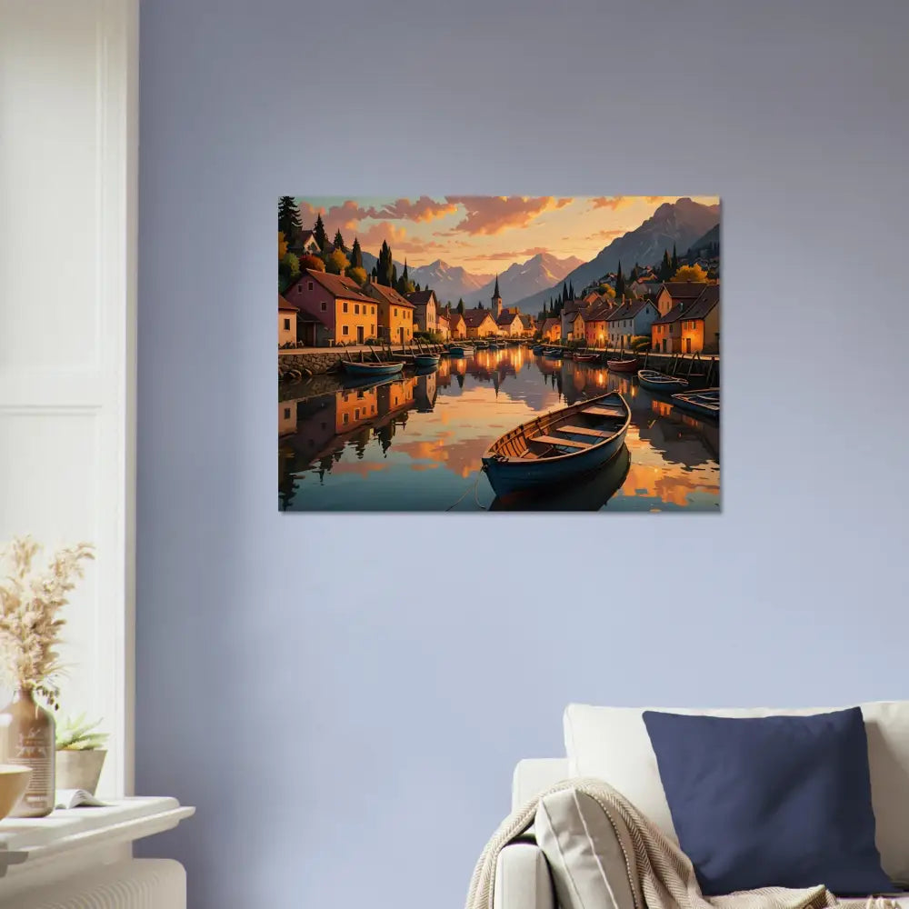 Picturesque village reflected in water on Wood Print Evening Glow on the Water PixiOnyx Rustic Reflection Series