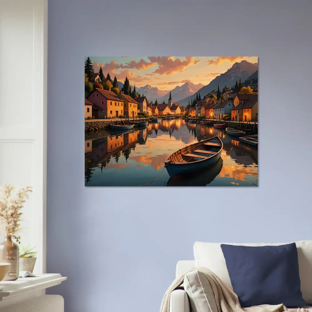 Wood Print Evening Glow on the Water PixiOnyx Rustic Reflection Series picturesque village canal scene