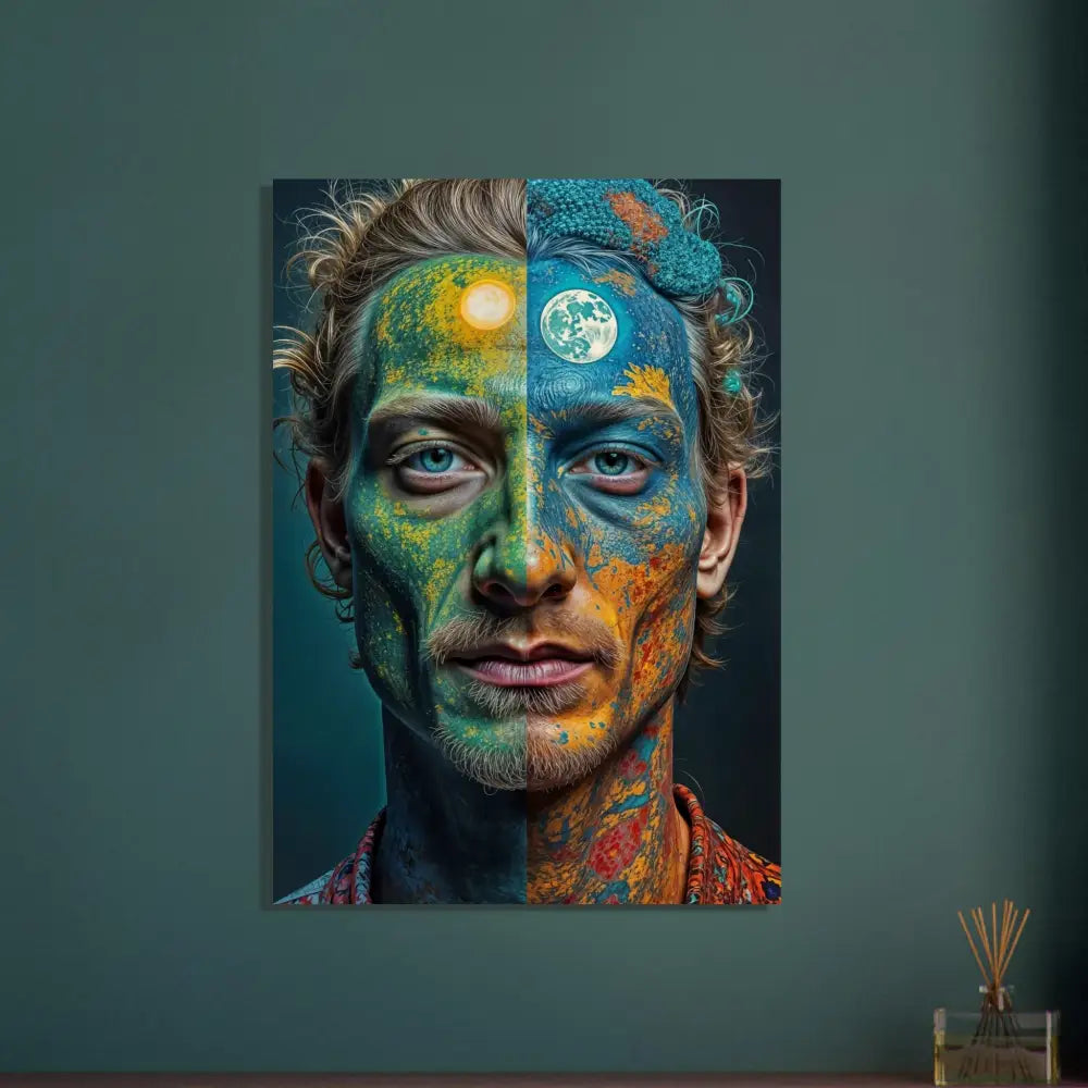 Wood Print Faces of the Wild Code Eco-Visionary Abstract Portrait featuring day and night face art