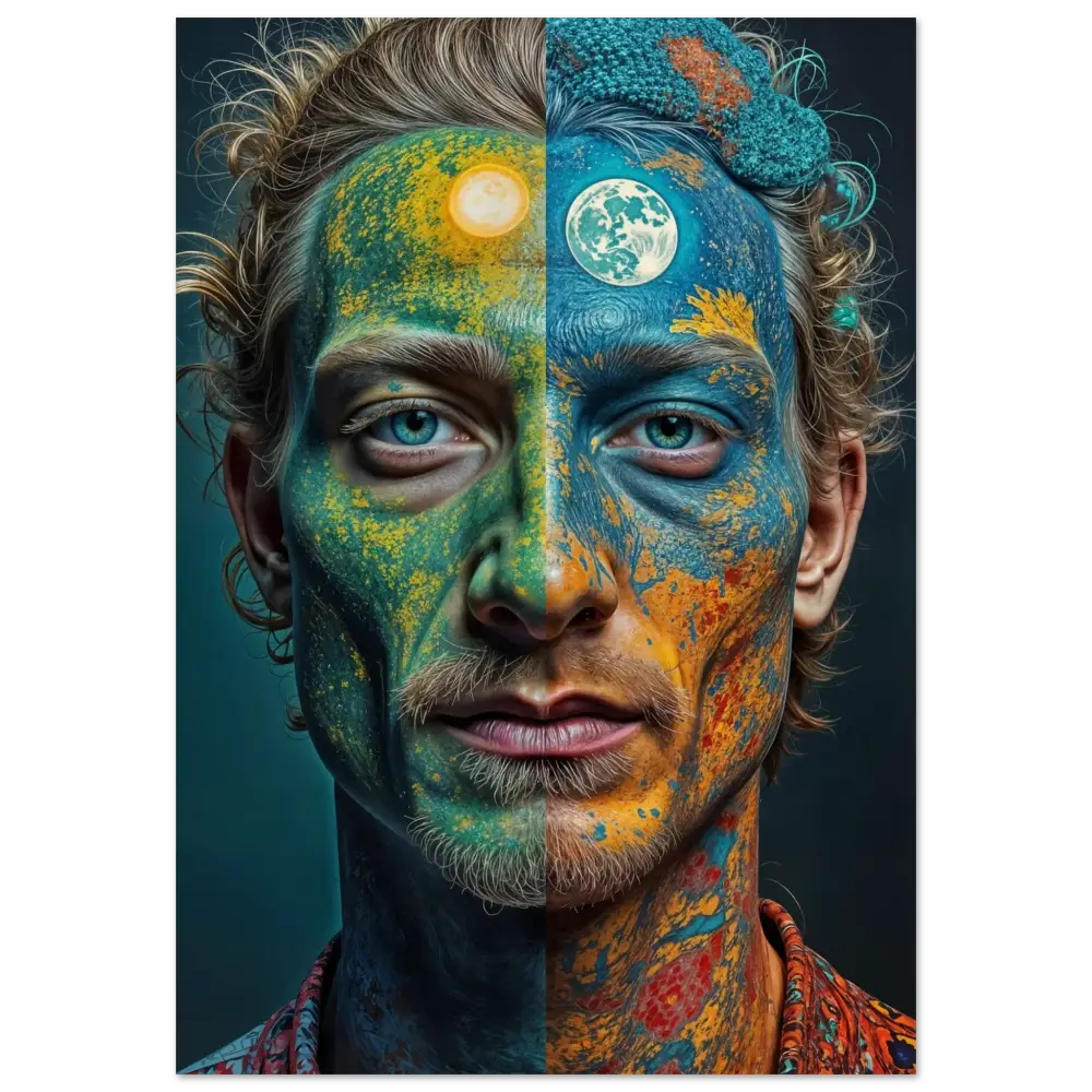 Wood Print Faces of the Wild Code Eco-Visionary Abstract Portrait showcasing day and night face art