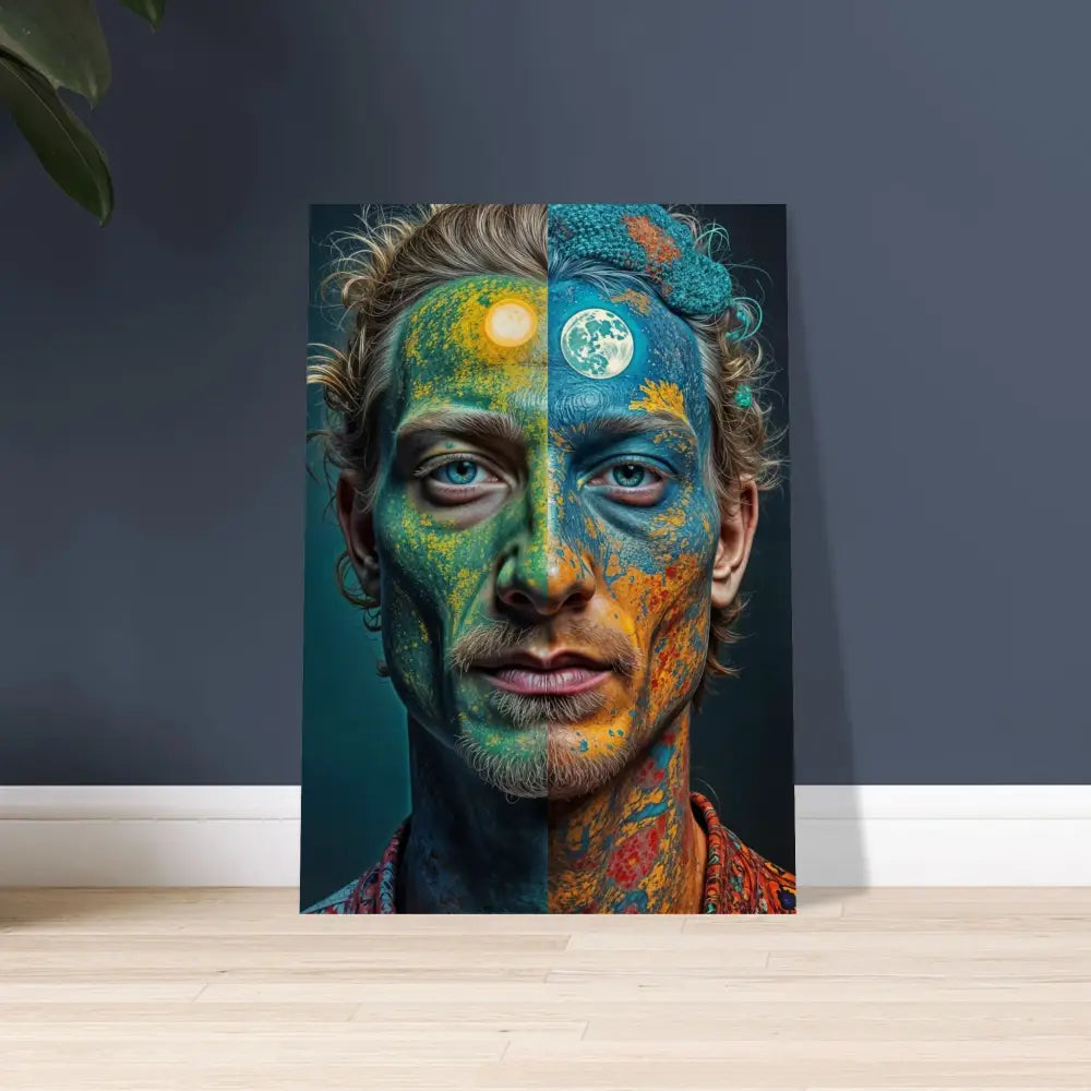 Surreal portrait with Sun and Moon face paint on Eco-Visionary Abstract Wood Print