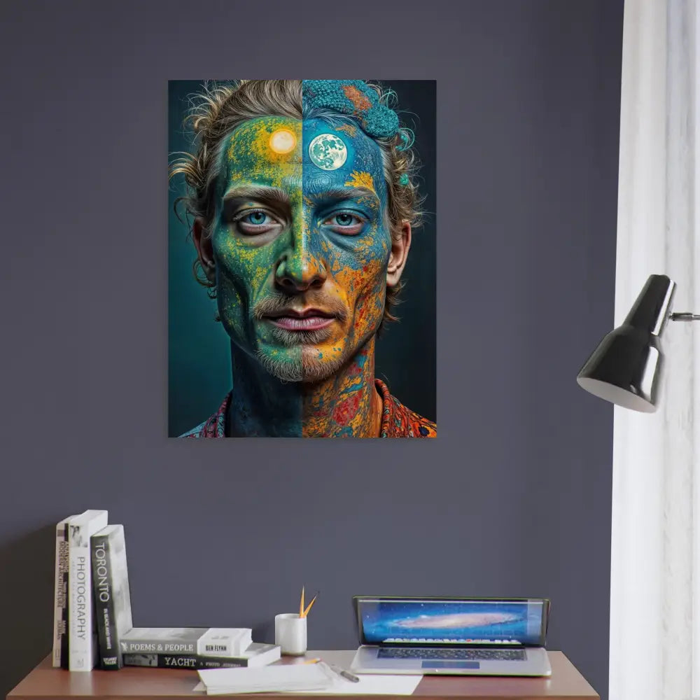 Artistic wood print featuring sun and moon imagery in wild code abstract portrait