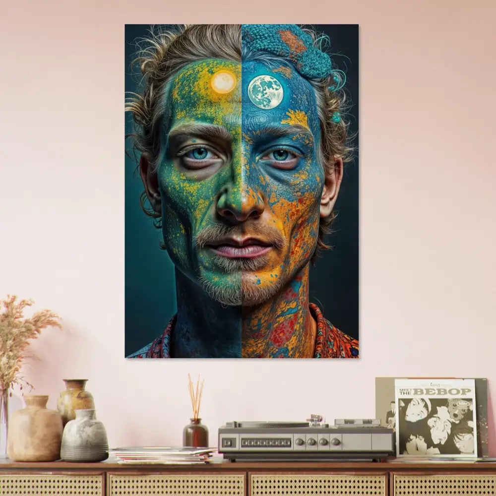 Eco-Visionary Abstract Portrait wood print featuring day and night face art