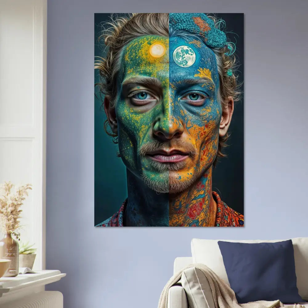 Eco-friendly wood print of surreal portrait with sun and moon face paint artwork