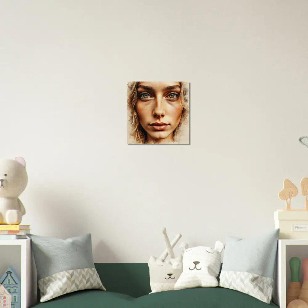 Framed portrait of a woman with light hair and green eyes showcasing intense portrait blends
