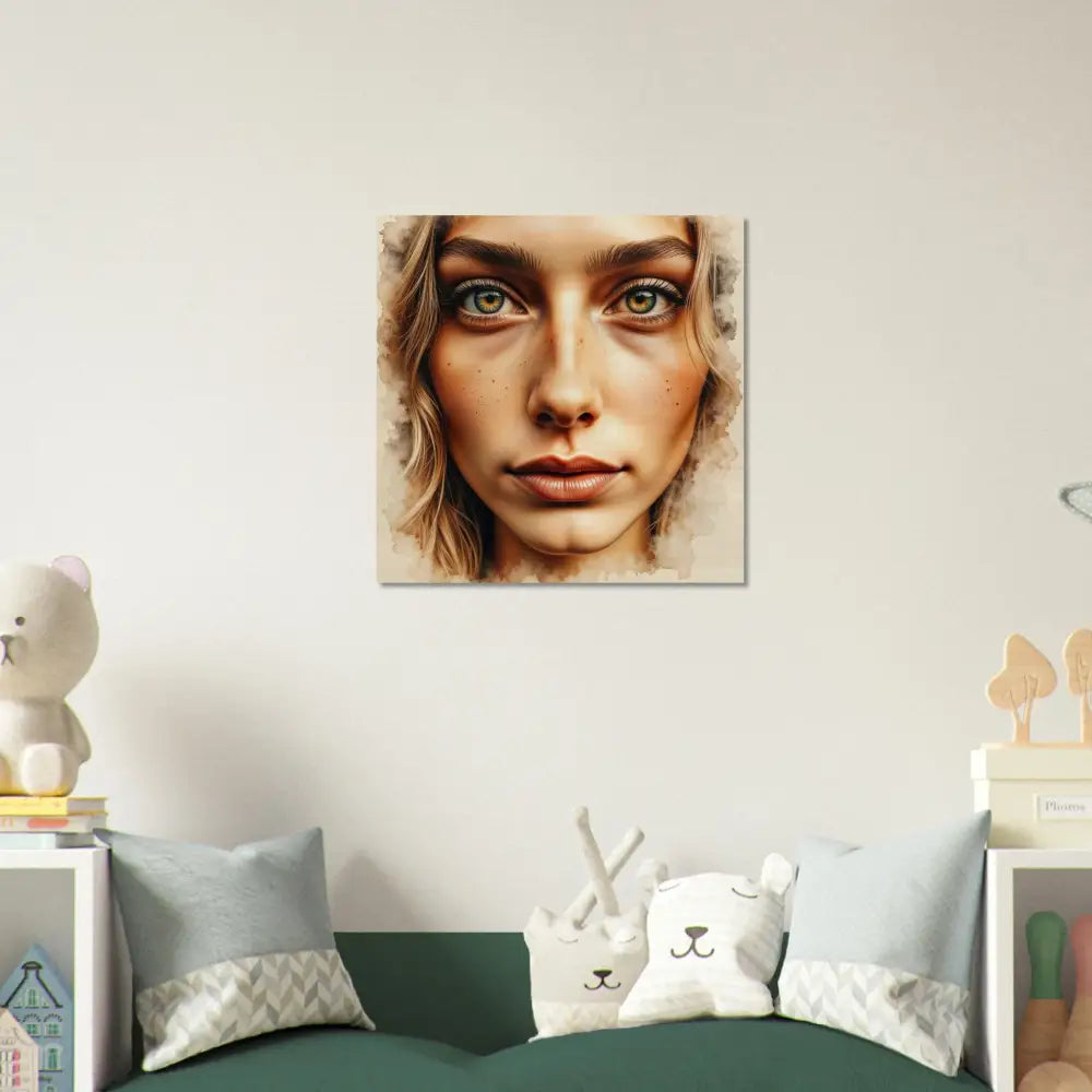 Framed canvas print of a woman’s face showcasing intense portrait blends and human intimacy