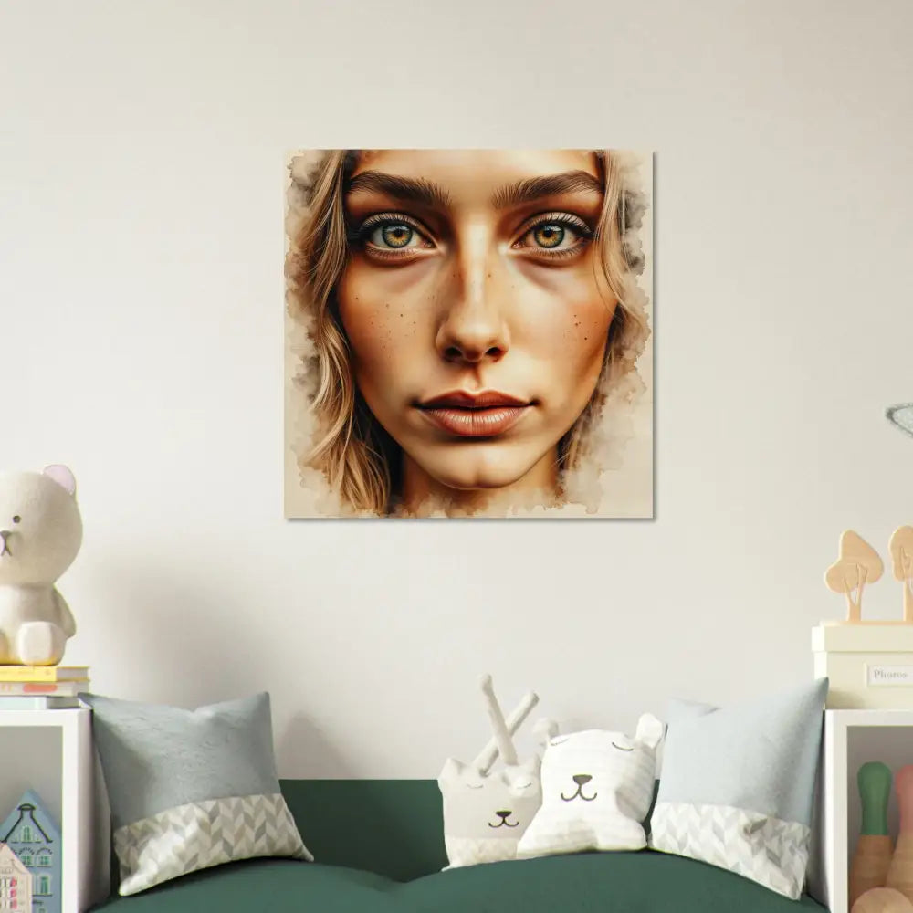 Watercolor-style portrait blends human intimacy with striking green eyes and curly blonde hair