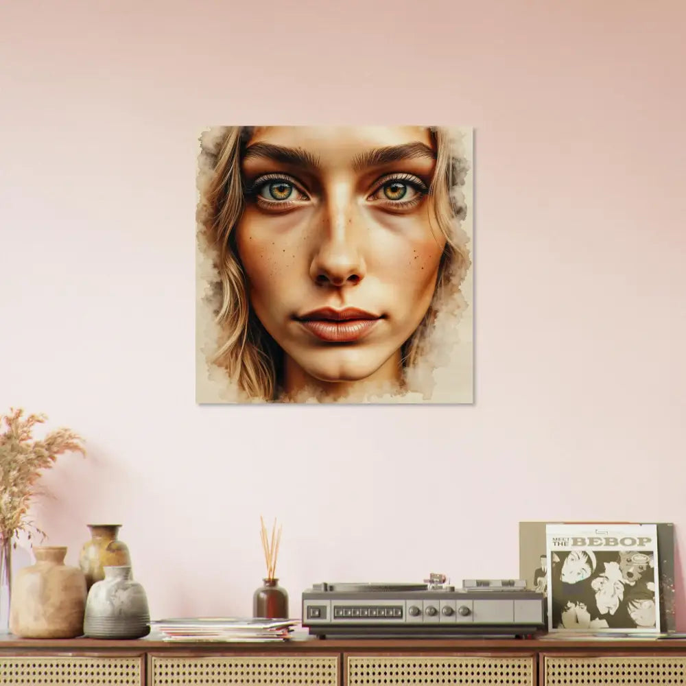 Square Wood Print of a woman’s face with freckles, green eyes, and light hair, perfect for intense portrait blends