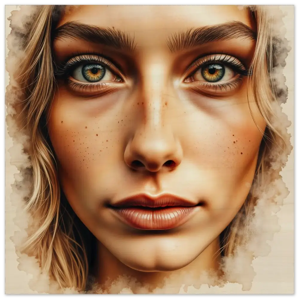 Watercolor-style intense portrait blends human intimacy with freckled focus in PixiOnyx Wood Print