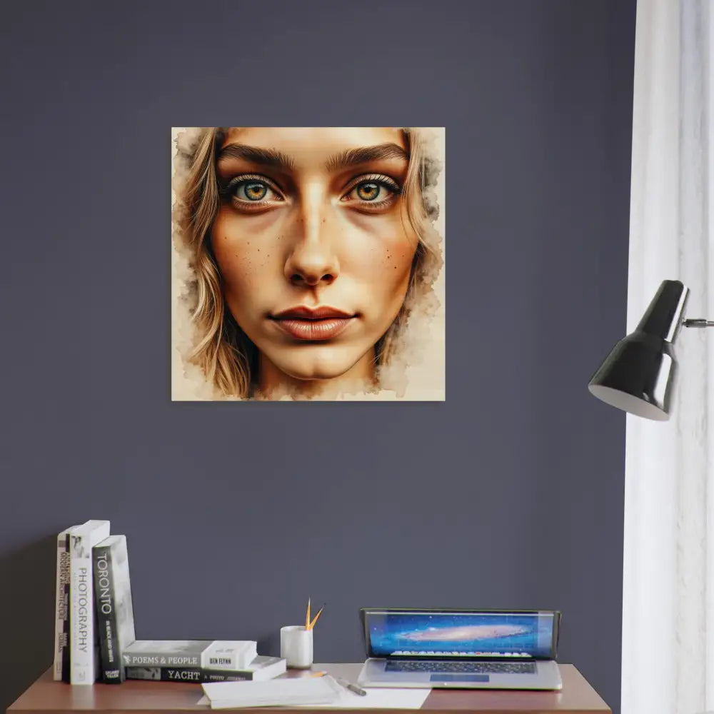 Framed canvas print of intense portrait blends human intimacy with a woman’s face, green eyes